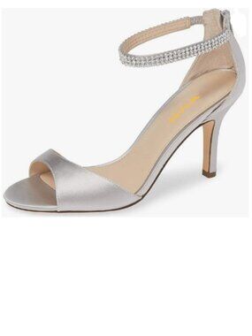 XYD Grey Open Toe Rhinestones Ankle Strap Sandals Mid Heel Pumps Bridal Shoes